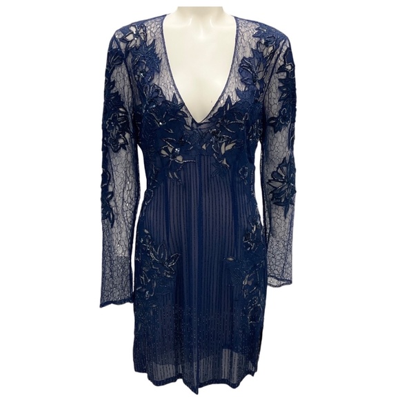 ROBERTO CAVALLI NAVY BEAD AND SEQUIN EMBELLISHED LACE COCKTAIL DRESS - Picture 1 of 9